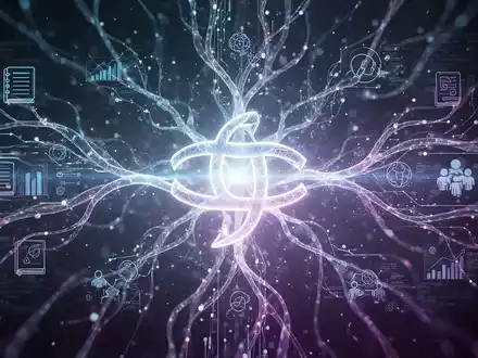 Abstrakte Visualisierung eines leuchtenden neuronalen Netzwerks mit Notebook-Symbolen und Datenströmen, die auf ein strahlendes Gemini-Logo zulaufen, Symbol für KI-Integration. - Foto: über boerse-global.de