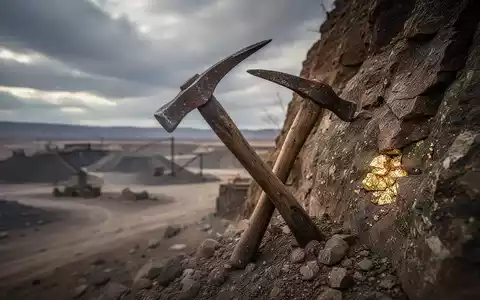 Eine verwitterte Spitzhacke steckt in einem Felsen mit Goldschimmer, dahinter eine weite, trockene Minenlandschaft unter bewölktem Himmel. - Foto: über boerse-global.de