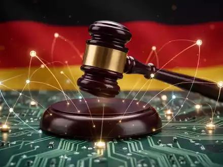 Stilisierter digitaler Hammer trifft auf Platine, symbolisiert KI-Regulierung in Deutschland. Dezente leuchtende Linien verbinden Knoten. - Foto: über boerse-global.de