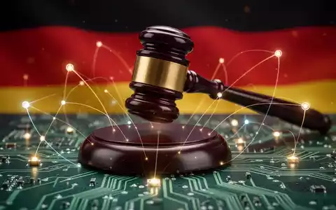 Stilisierter digitaler Hammer trifft auf Platine, symbolisiert KI-Regulierung in Deutschland. Dezente leuchtende Linien verbinden Knoten. - Foto: über boerse-global.de