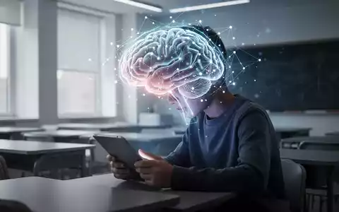 Leuchtendes digitales Gehirn über Silhouette eines Teenagers mit Tablet im Klassenzimmer, Symbol für KI-Sicherheit in der Bildung. - Foto: über boerse-global.de