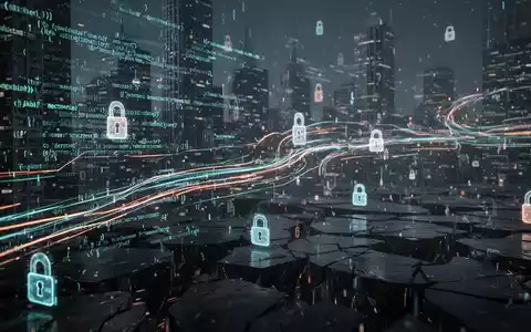 Abstrakte Darstellung von Identitätsdiebstahl und Datenlecks: Leuchtende Codezeilen fließen über eine dunkle, fragmentierte Stadtlandschaft. - Foto: über boerse-global.de