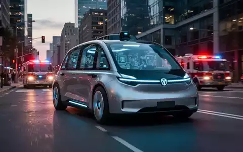 Ein futuristisches autonomes Fahrzeug auf einer Stadtstraße mit dezent blinkenden Einsatzlichtern im Hintergrund, Symbol für neue Sicherheitsvorschriften. - Foto: über boerse-global.de