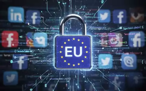 Digitales Vorhängeschloss mit EU-Symbol, leuchtende Codezeilen, verschwommene Social-Media-Icons im Hintergrund. - Foto: über boerse-global.de