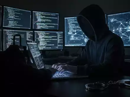 Eine Person im Kapuzenpullover tippt an einem Laptop in einem dunklen Raum, mit Handschellen auf dem Schreibtisch, was Cyberkriminalität und rechtliche Konsequenzen darstellt. - Foto: über boerse-global.de