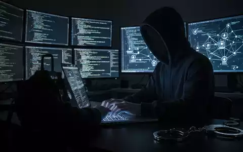 Eine Person im Kapuzenpullover tippt an einem Laptop in einem dunklen Raum, mit Handschellen auf dem Schreibtisch, was Cyberkriminalität und rechtliche Konsequenzen darstellt. - Foto: über boerse-global.de