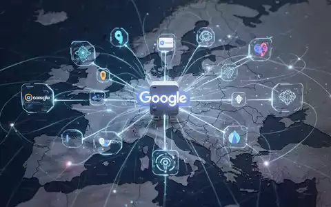 Digitales Netzwerk mit Datenfluss von zentralem 'Google'-Server zu kleineren Konkurrenzknoten, überlagert auf EU-Karte. - Foto: über boerse-global.de