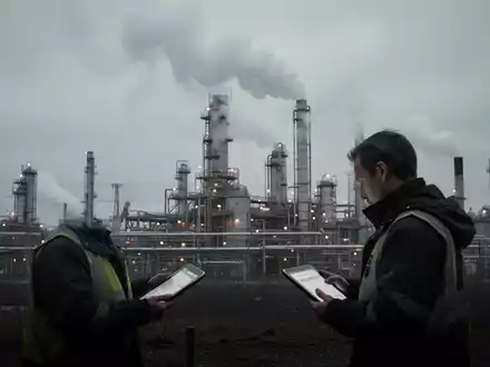Eine weitläufige Industrielandschaft mit einer chemischen Anlage und aufsteigendem Dampf unter einem bedeckten Himmel. - Foto: über boerse-global.de