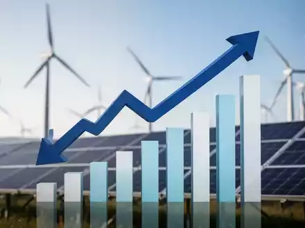 Eine Grafik zeigt einen Abwärtspfeil, der einen steigenden Balkenplan schneidet, mit Windturbinen und Solarpaneelen im Hintergrund. - Foto: über boerse-global.de