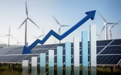 Eine Grafik zeigt einen Abwärtspfeil, der einen steigenden Balkenplan schneidet, mit Windturbinen und Solarpaneelen im Hintergrund. - Foto: über boerse-global.de