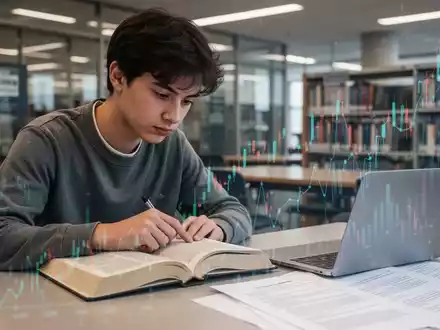 Ein junger Student arbeitet konzentriert an einem Laptop und einem Lehrbuch in einer modernen Bibliothek, umgeben von Finanzdokumenten. - Foto: über boerse-global.de