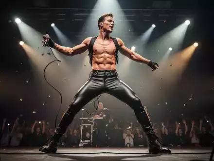 Ein muskulöser Musiker in engen Lederhosen auf einer Bühne, der eine dynamische Pose einnimmt. Scheinwerfer beleuchten ihn. - Foto: über boerse-global.de