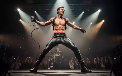 Ein muskulöser Musiker in engen Lederhosen auf einer Bühne, der eine dynamische Pose einnimmt. Scheinwerfer beleuchten ihn. - Foto: über boerse-global.de