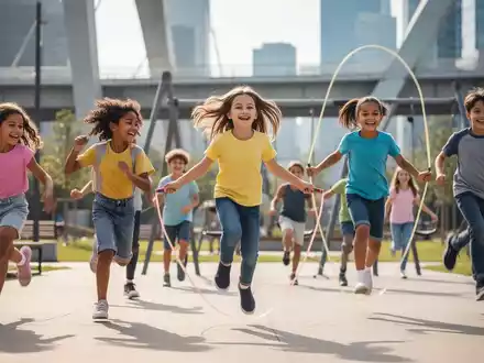 Eine vielfältige Gruppe glücklicher Kinder und Jugendlicher spielt aktiv im Freien in einem modernen Stadtpark. - Foto: über boerse-global.de