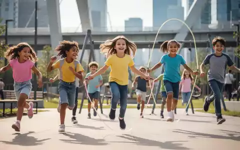 Eine vielfältige Gruppe glücklicher Kinder und Jugendlicher spielt aktiv im Freien in einem modernen Stadtpark. - Foto: über boerse-global.de