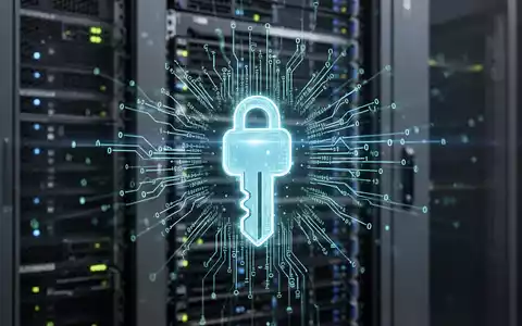 Leuchtendes digitales Passkey-Symbol mit Codezeilen, über verschwommenem Server-Rack im Rechenzentrum. - Foto: über boerse-global.de