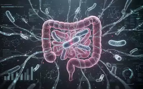 Abstrakte Darstellung von KI und Mikrobiom-Forschung mit leuchtenden neuronalen Netzwerken, die mit Darmbakterien verbunden sind. - Foto: über boerse-global.de