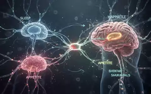 Abstrakte Darstellung von Hormonen und neuronalen Pfaden, die Hunger, Sättigung und Schlaf verbinden, um das Gleichgewicht zu symbolisieren. - Foto: über boerse-global.de