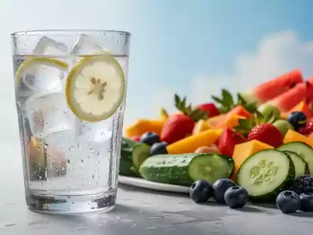 Ein Glas Wasser mit Eis und Zitrone neben Wassermelone und Gurken, die Frische und Hydratation bei Hitze symbolisieren. - Foto: über boerse-global.de