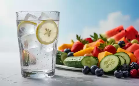 Ein Glas Wasser mit Eis und Zitrone neben Wassermelone und Gurken, die Frische und Hydratation bei Hitze symbolisieren. - Foto: über boerse-global.de