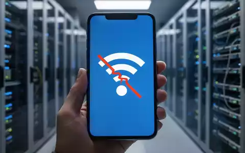 Ein Smartphone-Bildschirm mit einem unterbrochenen WLAN-Symbol, das Verbindungsprobleme darstellt, vor Netzwerkinfrastruktur. - Foto: über boerse-global.de