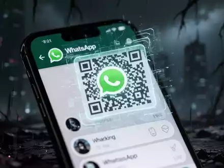 Smartphone mit WhatsApp und geisterhaftem QR-Code, Symbol für Account-Hacking und digitale Sicherheitsbedrohungen. - Foto: über boerse-global.de