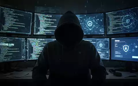 Eine Person in einem Kapuzenpulli sitzt im Dunkeln, erleuchtet von Bildschirmen mit Code und Phishing-Oberflächen, was Cyber-Bedrohungen darstellt. - Foto: über boerse-global.de