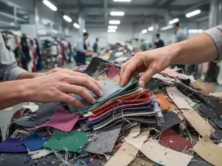 Hände sortieren bunte Stoffreste und Textilabfälle; im Hintergrund eine moderne Recyclinganlage, symbolisiert Nachhaltigkeit in der Textilbranche. - Foto: über boerse-global.de