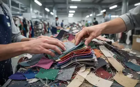 Hände sortieren bunte Stoffreste und Textilabfälle; im Hintergrund eine moderne Recyclinganlage, symbolisiert Nachhaltigkeit in der Textilbranche. - Foto: über boerse-global.de