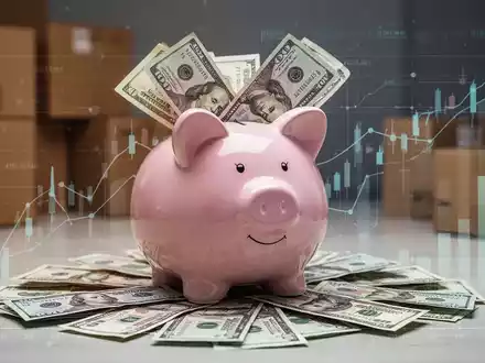Ein stilisiertes Sparschwein mit Münzen und Scheinen, im Hintergrund verschwommene Umzugskartons und Wirtschaftsgrafiken. - Foto: über boerse-global.de