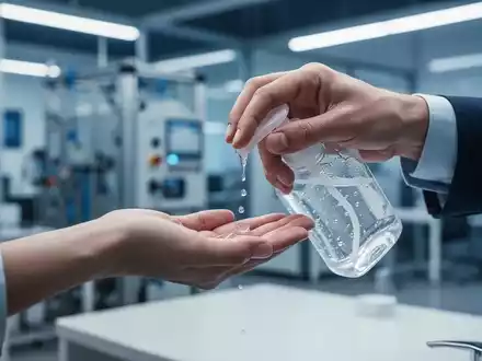 Eine Hand trägt Desinfektionsmittel auf, im Hintergrund verschwommen moderne Büro- oder Industrieanlagen. Fokus auf Hygiene und Sicherheit. - Foto: über boerse-global.de