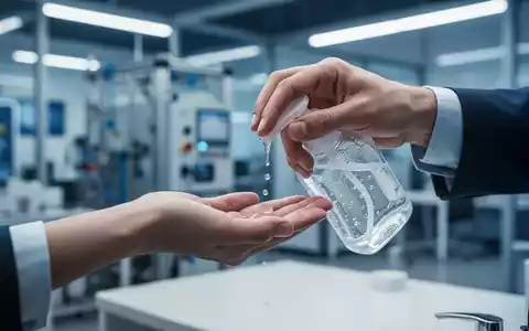 Eine Hand trägt Desinfektionsmittel auf, im Hintergrund verschwommen moderne Büro- oder Industrieanlagen. Fokus auf Hygiene und Sicherheit. - Foto: über boerse-global.de