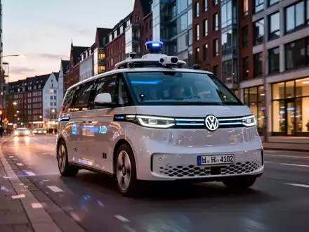 Ein autonomer Volkswagen ID. Buzz AD Robotaxi fährt durch eine moderne Hamburger Stadtstraße bei Dämmerung. - Foto: über boerse-global.de