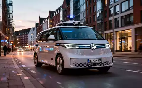Ein autonomer Volkswagen ID. Buzz AD Robotaxi fährt durch eine moderne Hamburger Stadtstraße bei Dämmerung. - Foto: über boerse-global.de