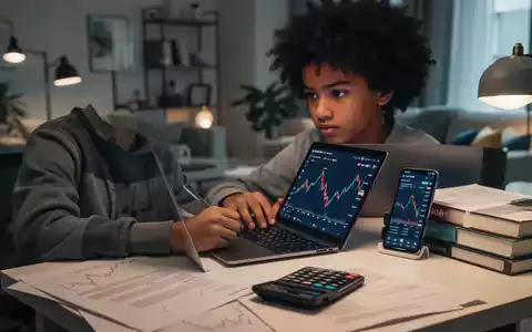 Ein junger Student sitzt an einem Schreibtisch mit Laptop, Smartphone und Büchern, konzentriert auf seine Finanzen, mit einem nachdenklichen Ausdruck. - Foto: über boerse-global.de