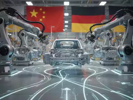 Roboterarme montieren Elektroauto-Komponenten in einer modernen Fabrik. Symbole für deutsche und chinesische Zusammenarbeit im Hintergrund. - Foto: über boerse-global.de