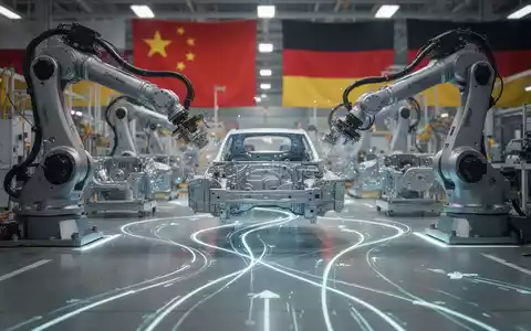 Roboterarme montieren Elektroauto-Komponenten in einer modernen Fabrik. Symbole für deutsche und chinesische Zusammenarbeit im Hintergrund. - Foto: über boerse-global.de