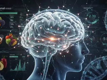 Ein stilisiertes, leuchtendes neuronales Netzwerk überlagert ein menschliches Gehirn, mit Datenvisualisierungen im Hintergrund. - Foto: über boerse-global.de