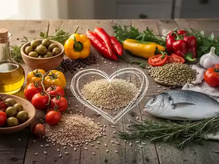 Eine Auswahl an frischen mediterranen Lebensmitteln auf einem Holztisch, darunter GemĂŒse, Olivenöl und Fisch, mit einem stilisierten Herzsymbol. - Foto: ĂŒber boerse-global.de