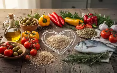Eine Auswahl an frischen mediterranen Lebensmitteln auf einem Holztisch, darunter Gemüse, Olivenöl und Fisch, mit einem stilisierten Herzsymbol. - Foto: über boerse-global.de