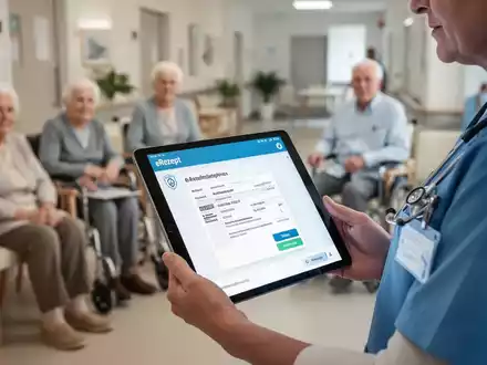 Ein Digital-Tablet zeigt eine E-Rezept-Oberfläche, gehalten von einer Person in medizinischer Uniform, im Hintergrund ein Pflegeheim. - Foto: über boerse-global.de