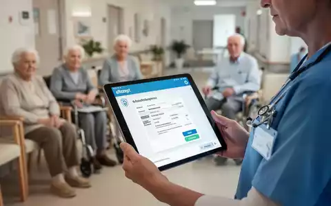 Ein Digital-Tablet zeigt eine E-Rezept-Oberfläche, gehalten von einer Person in medizinischer Uniform, im Hintergrund ein Pflegeheim. - Foto: über boerse-global.de