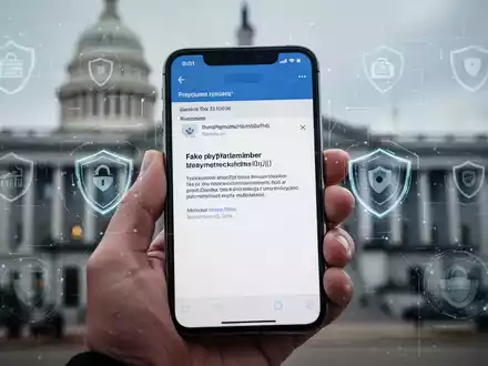 Eine Hand hält ein Smartphone mit einer Phishing-E-Mail und gefälschter Zahlungserinnerung, im Hintergrund verschwommene Amtsgebäude. - Foto: über boerse-global.de
