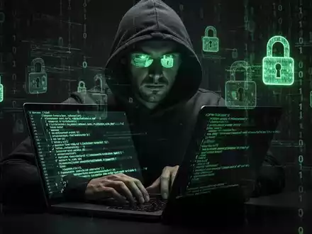 Verschattete Gestalt in Kapuzenjacke tippt auf Laptop, grüner Code spiegelt sich in den Augen, digitale Sicherheitssymbole schweben umher. - Foto: über boerse-global.de