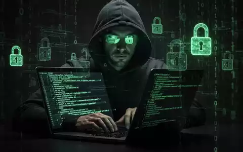 Verschattete Gestalt in Kapuzenjacke tippt auf Laptop, grüner Code spiegelt sich in den Augen, digitale Sicherheitssymbole schweben umher. - Foto: über boerse-global.de