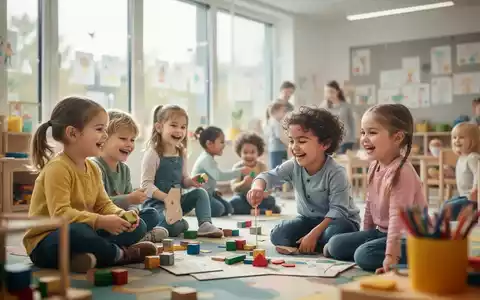 Kinder spielen in einem hellen Kindergarten in Nordrhein-Westfalen, der eine moderne und unterstützende Umgebung zeigt. - Foto: über boerse-global.de