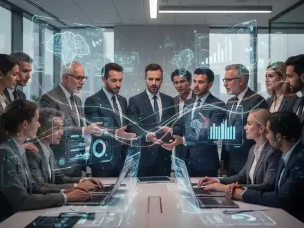 Geschäftsleute in einem modernen Büro interagieren mit holografischen KI-Projektionen, die menschliche Entscheidungsfindung und Zusammenarbeit in der KI-Ära symbolisieren. - Foto: über boerse-global.de