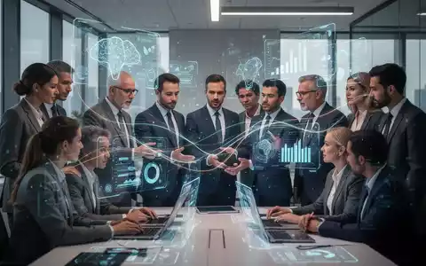 Geschäftsleute in einem modernen Büro interagieren mit holografischen KI-Projektionen, die menschliche Entscheidungsfindung und Zusammenarbeit in der KI-Ära symbolisieren. - Foto: über boerse-global.de