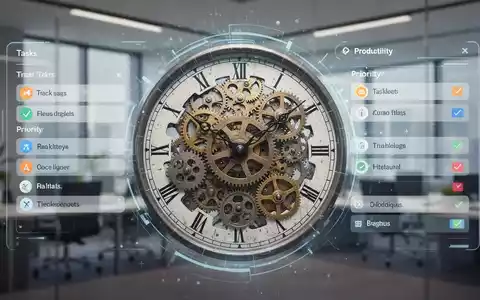 Eine stilisierte Uhr mit Zahnrädern, die in eine digitale Oberfläche übergeht, die Aufgabenlisten und Prioritäten anzeigt. - Foto: über boerse-global.de