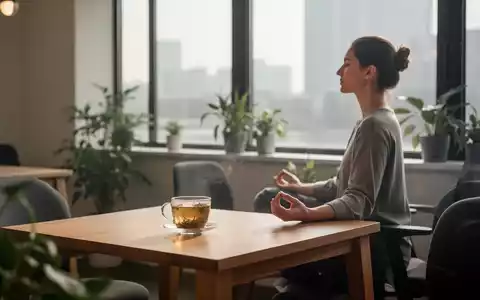 Eine ruhige Büropause mit einer Person, die in einem minimalistischen Raum meditiert oder aus dem Fenster schaut, um Stress abzubauen. - Foto: über boerse-global.de
